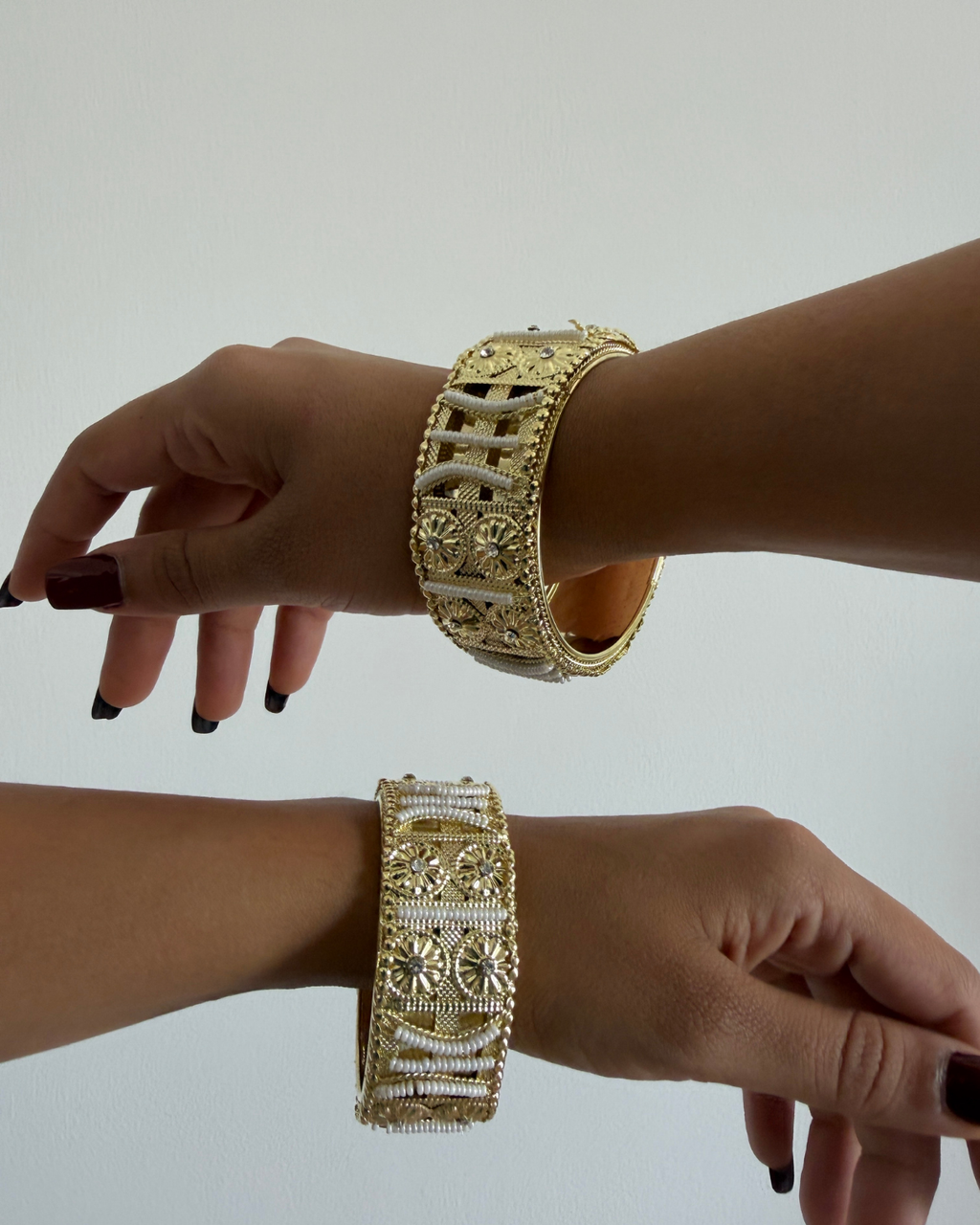 pearl & gold bangle in dubai, desi girl fashion in dubai, maximalist fashion, indian fashion, indian jewellery