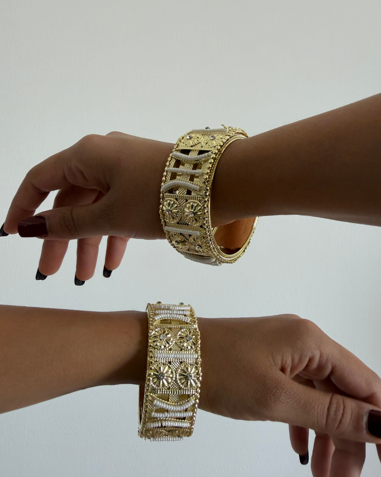 pearl & gold bangle in dubai, desi girl fashion in dubai, maximalist fashion, indian fashion, indian jewellery