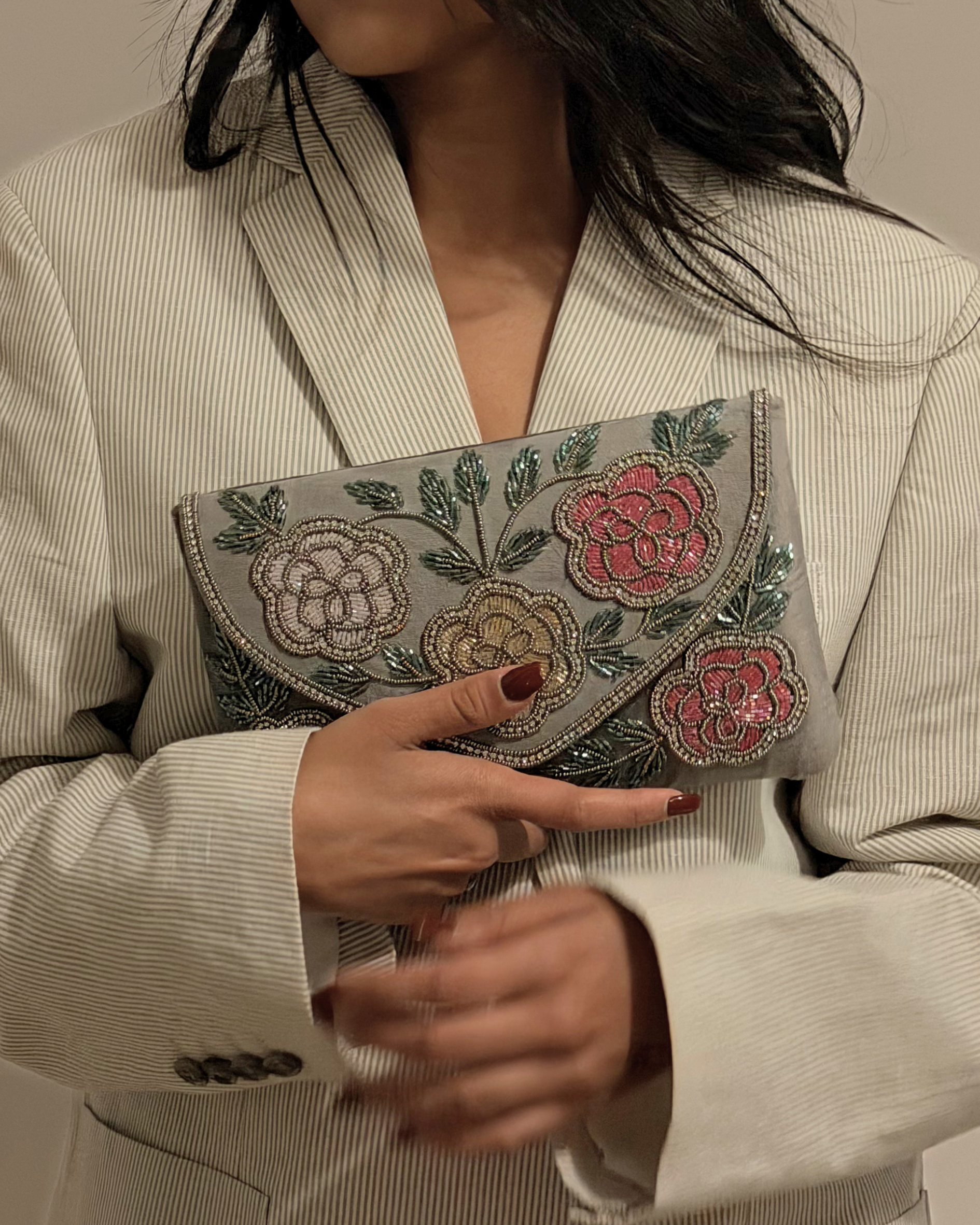 Hand-Embroidered Botanical Clutch