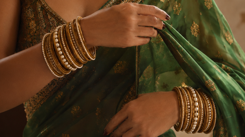 Woman in a green saree with gold jewelry, wearing 'Rani' brand name.