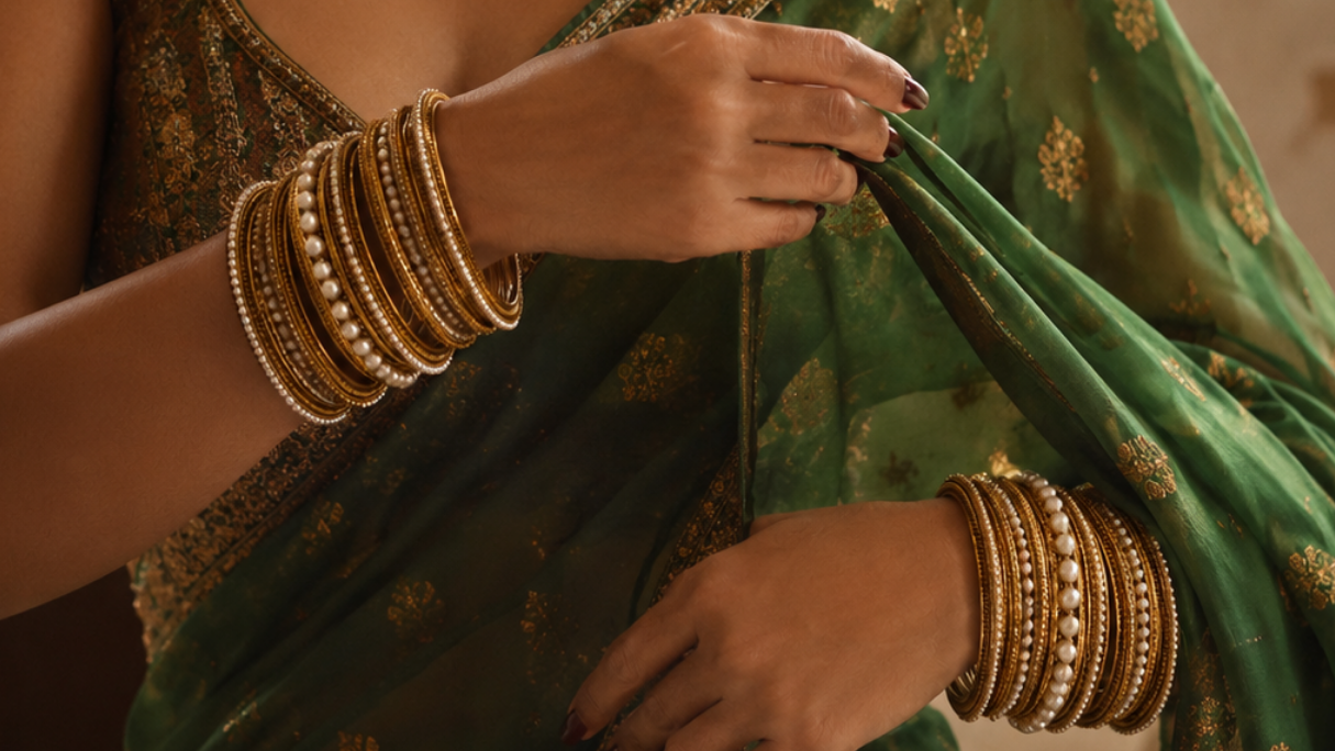 Woman in a green saree with gold jewelry, wearing 'Rani' brand name.