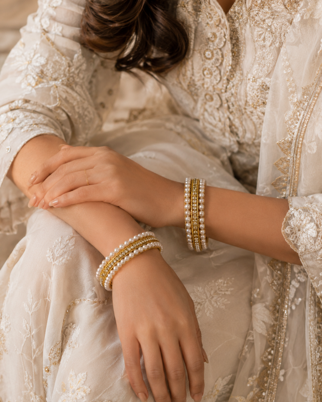 Dual Pearl Kada With Stone