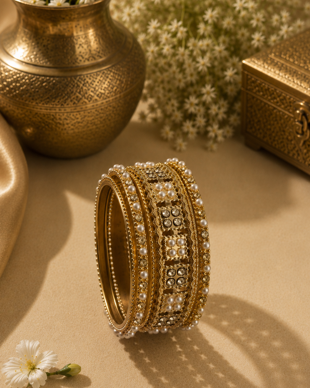 Traditional Pearl Crystal Bangle Set