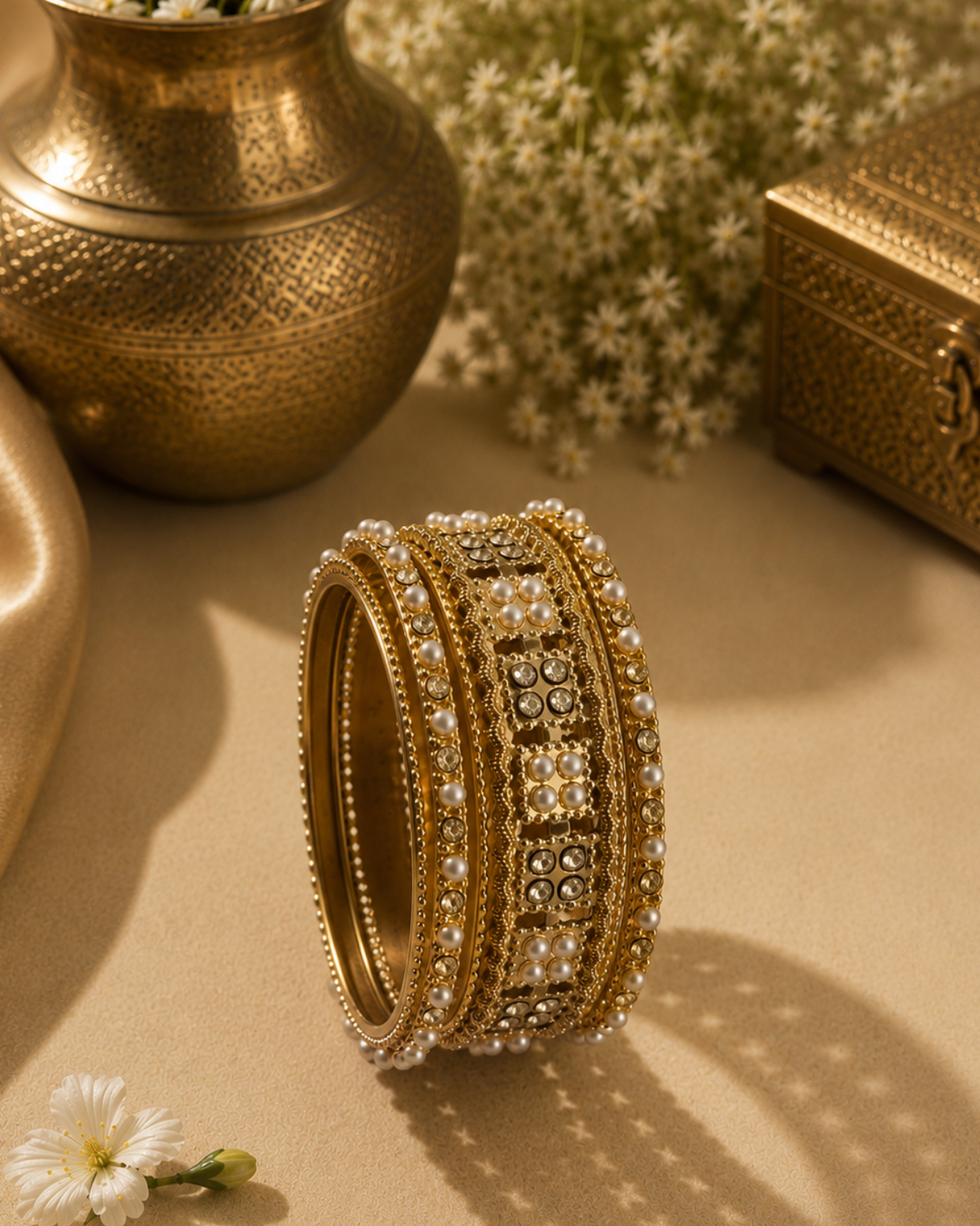 Traditional Pearl Crystal Bangle Set