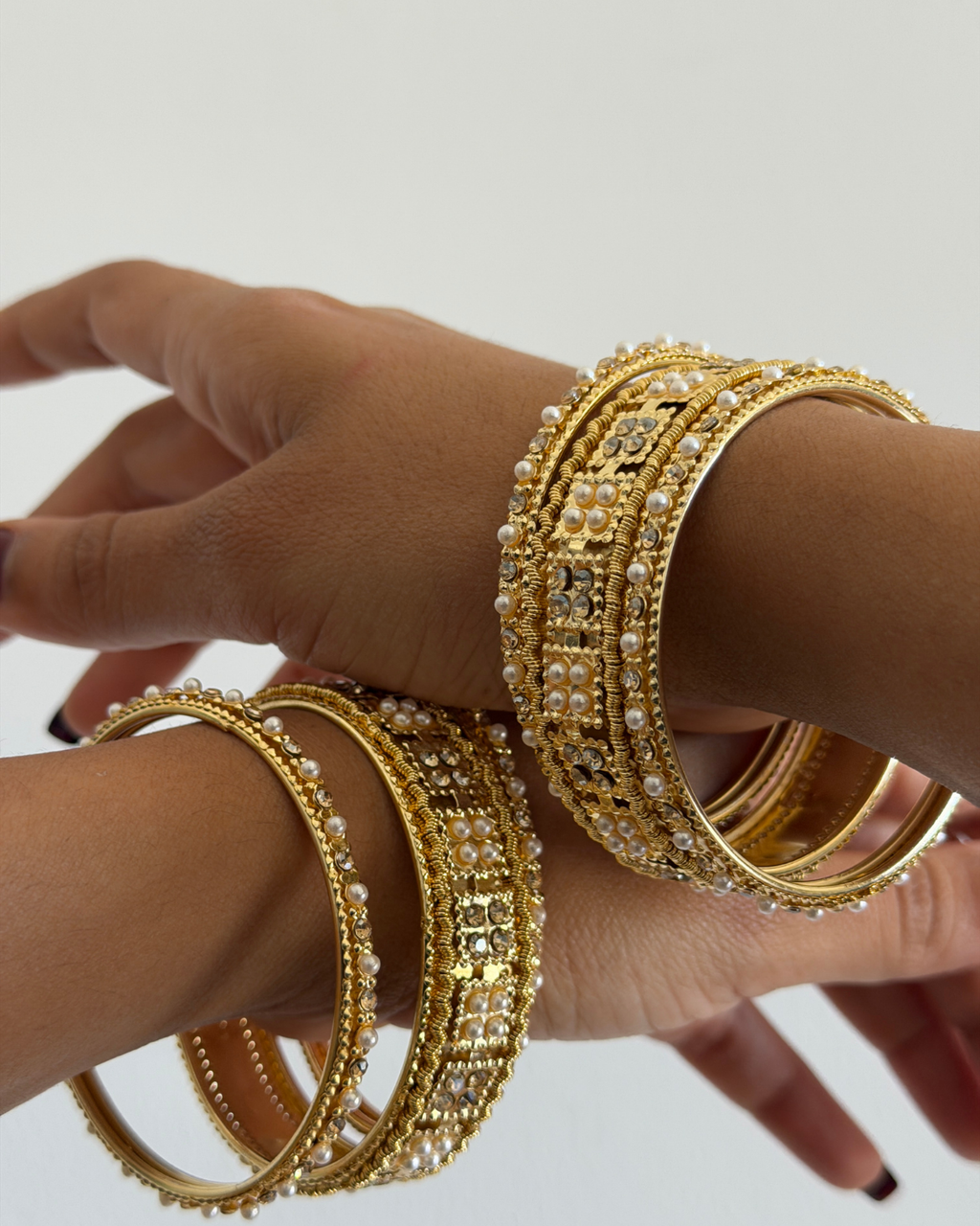 Traditional Pearl Crystal Bangle Set