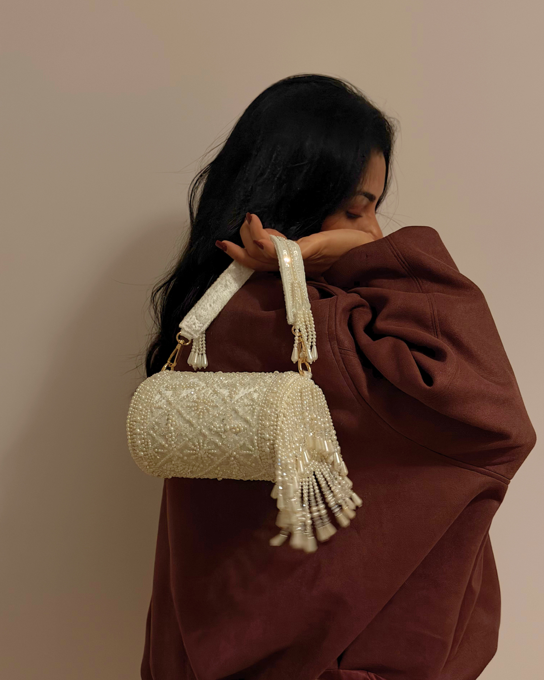 Handcrafted Luxury Barrel Embellished Bag | Dholki