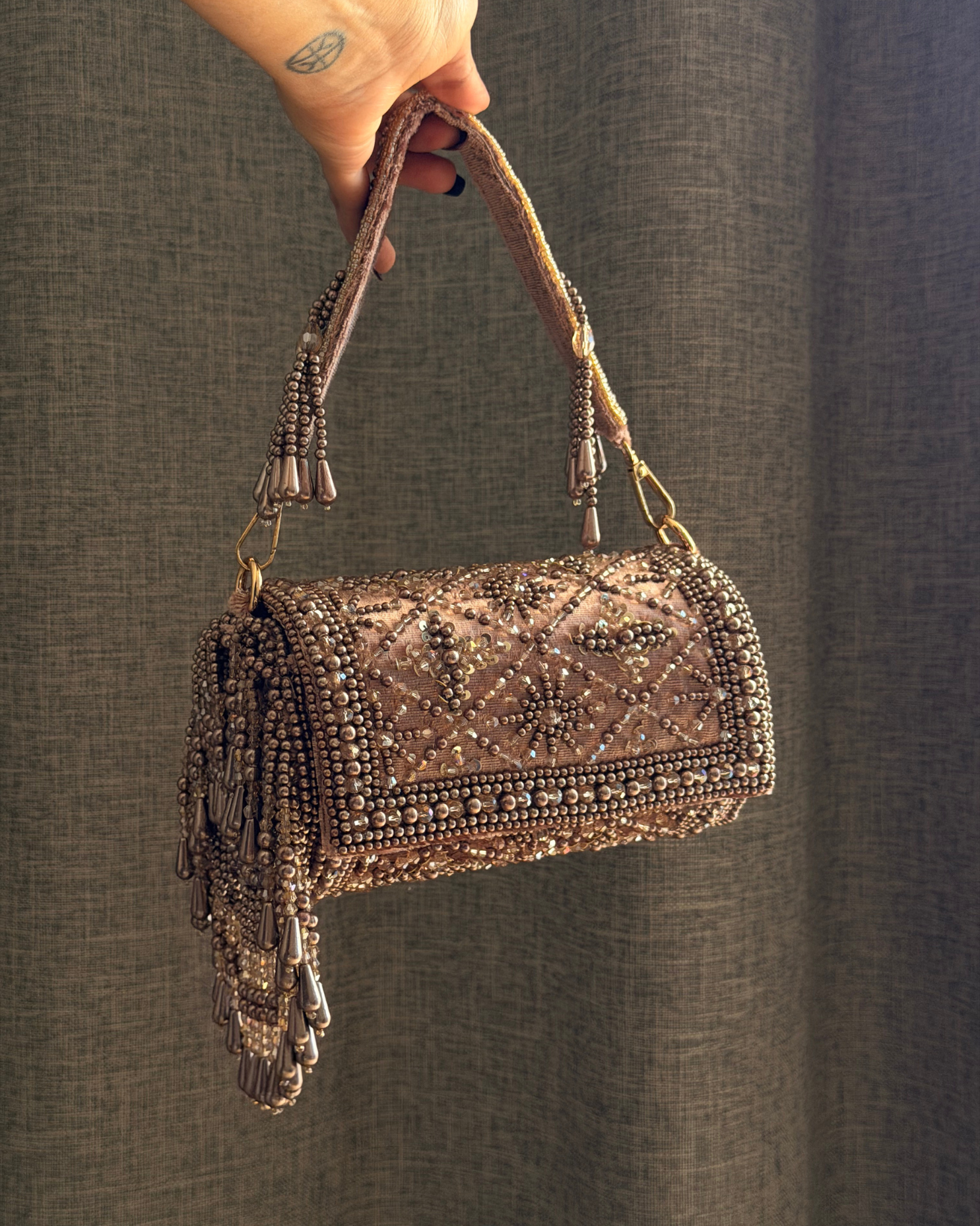 Handcrafted Luxury Barrel Embellished Bag | Dholki