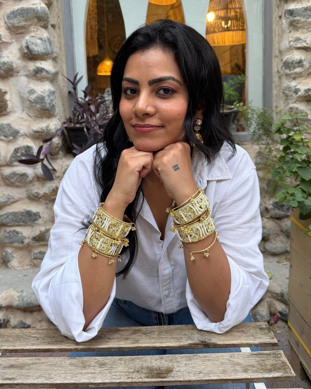 Gen z style jewellery, maximalist, floral golden cuffs