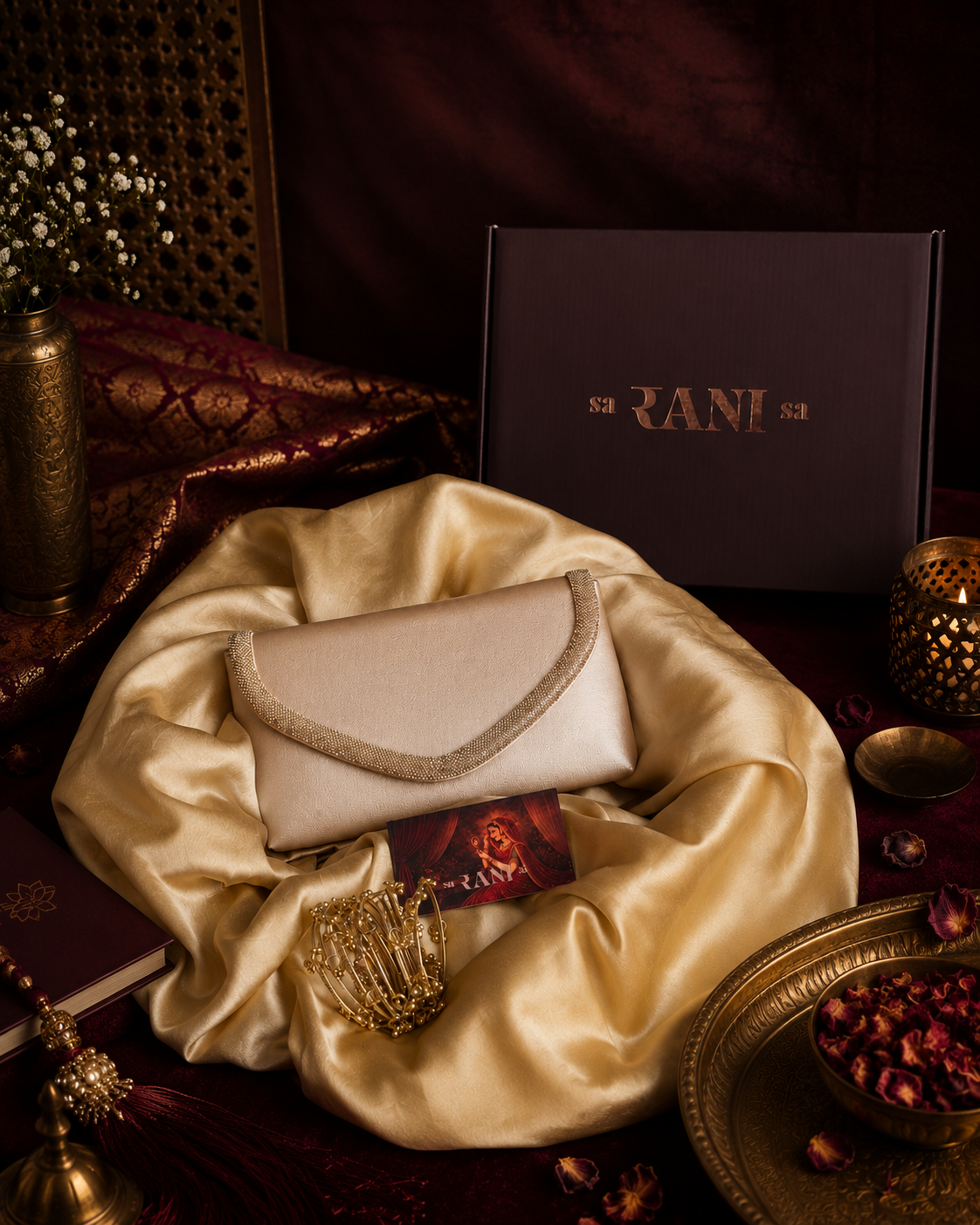 green evening clutch with crystal trim and gold ghungroo charm bangles by Saranisa, Indian accessories in Dubai UAE