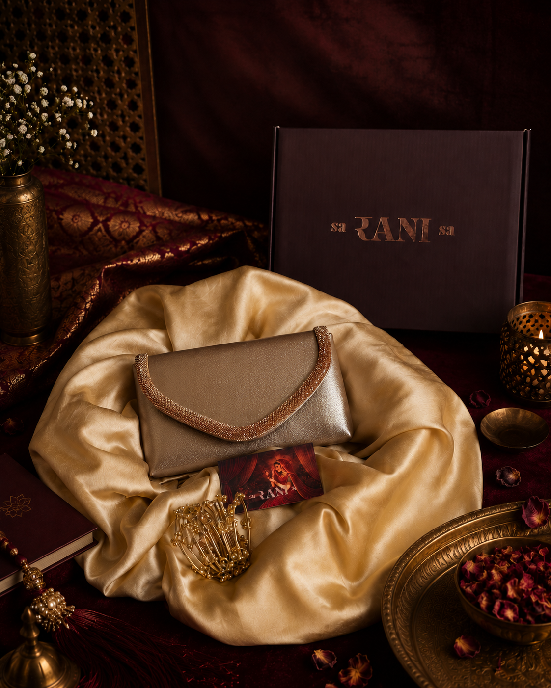 A metallic envelope-style clutch with a brown embroidered border, displayed on a draped gold satin cloth next to its dark brown JANI gift box. The scene is styled with traditional Indian elements including brass lamps, a brass bowl of red flowers, and a decorative screen in the background.